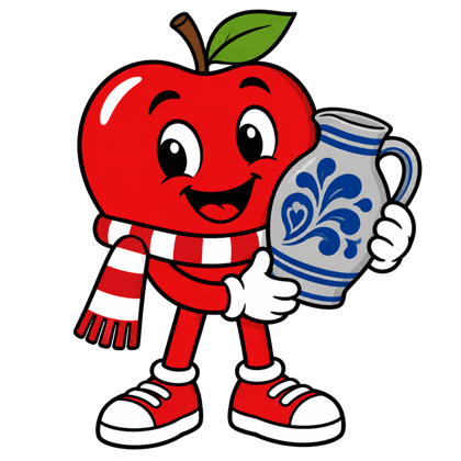 Hessischpedia Maskottchen, ein Apfel mit Bembel