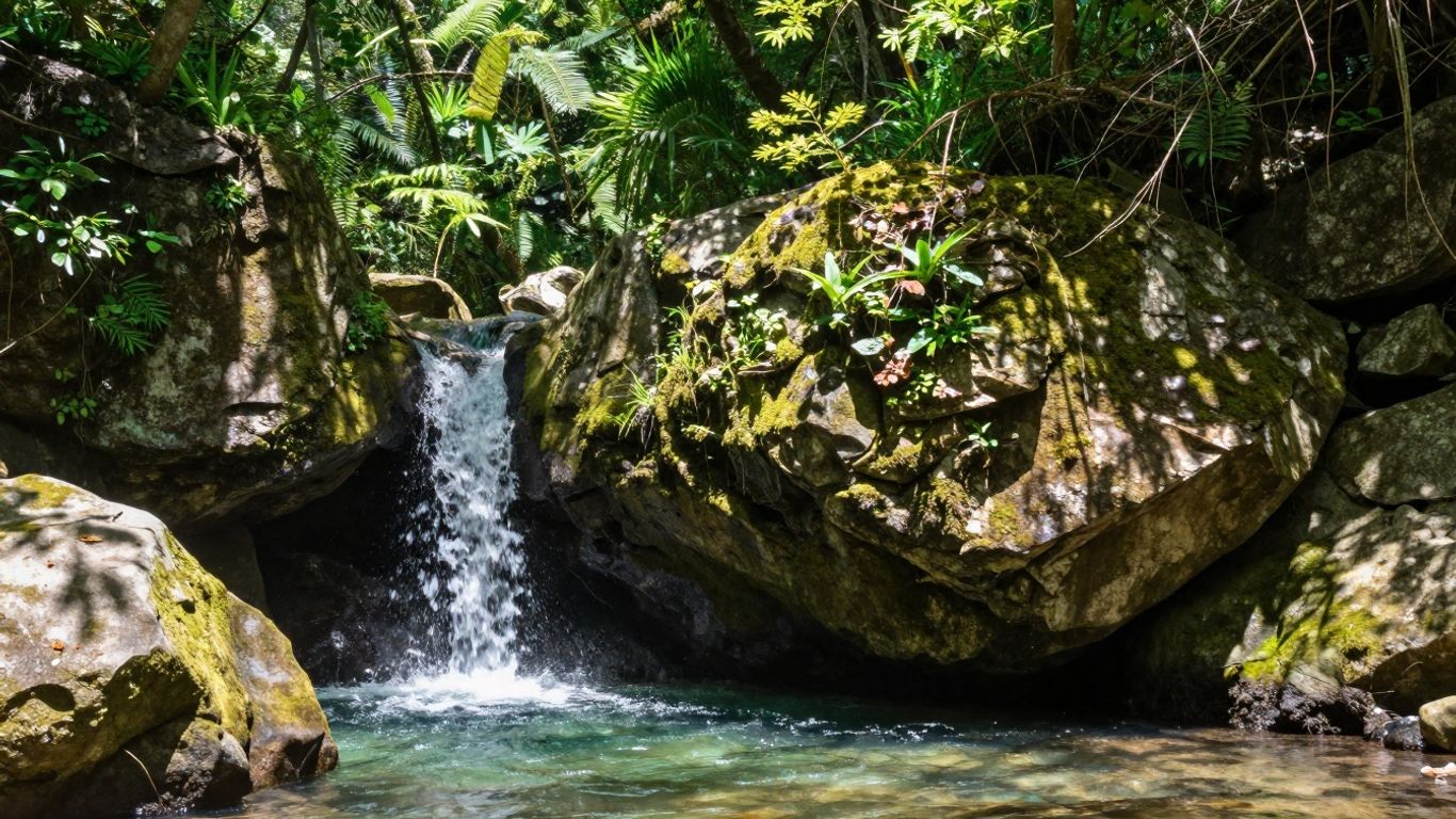 Versteckter Wasserfall in üppigem Wald, geheimes Ausflugsziel in Hessen.